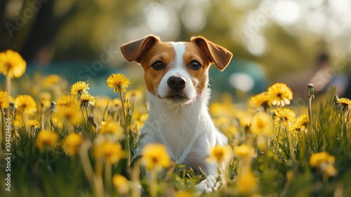 Small Jack Russell terrier resting in a meadow surrounded by blooming yellow dandelions during spring