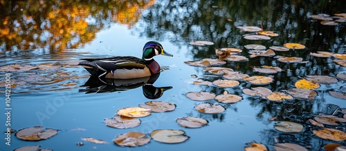 A Male Wood Duck Swimming In The Waterlily Leaves Filled Lake photo