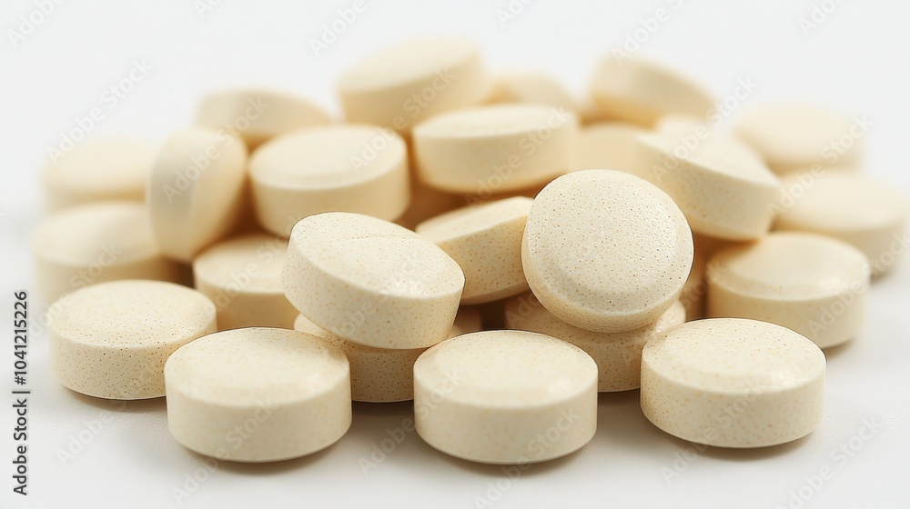 A collection of light beige tablets arranged in a casual pile on a white surface, highlighting their smooth texture and round shape A collection of light beige tablets arranged in a casual pile on a white surface, highlighting their smooth texture and round shape