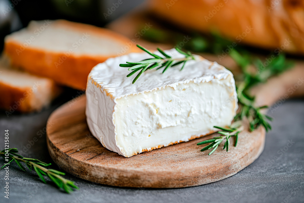 Soft cheese with rosemary on wooden board Soft cheese with rosemary on wooden board