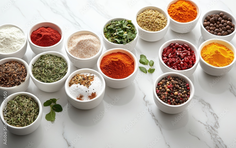Colorful spices and herbs arranged in artistic patterns on a white marble countertop, each ingredient showcasing its unique texture and vibrant color palette. 