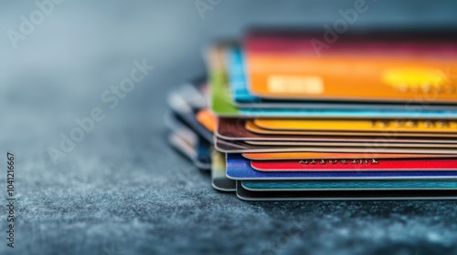 A close-up view of stacked credit cards on a textured surface, showcasing various colors and designs in a vibrant arrangement.