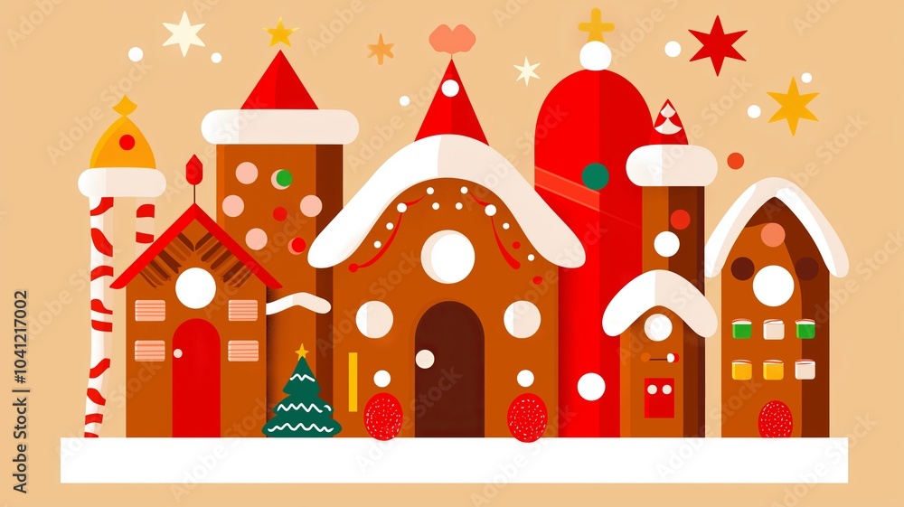 A row of decorated gingerbread houses with a snowy background. A row of decorated gingerbread houses with a snowy background.
