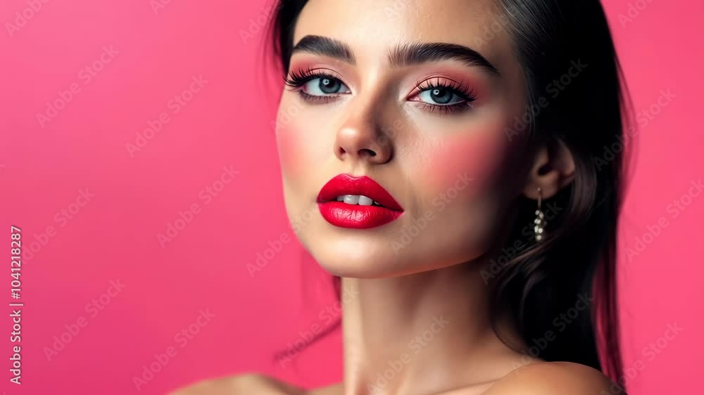 A woman with dark hair and red lipstick looks directly at the camera A woman with dark hair and red lipstick looks directly at the camera