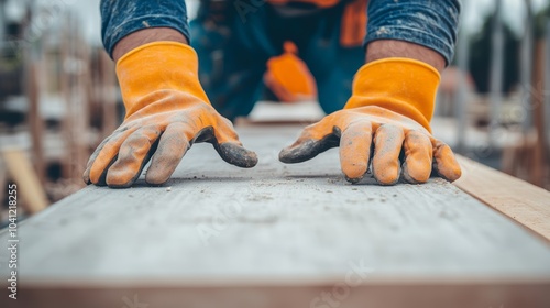 Closeup of Carpenter s Hands with Gloves Working with Wood on a Construction Site photo