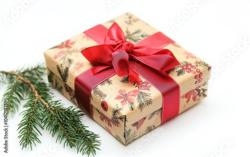 A beautifully wrapped gift box with a red ribbon and bow, placed beside a pine branch. 