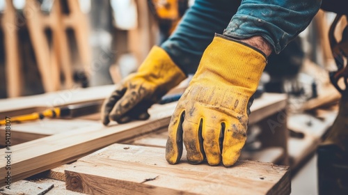 Closeup of Carpenter s Hands Working with Wood photo