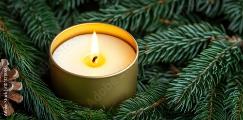 Vintage Christmas candle nestled in pine needles, radiating warm golden tones for a cozy holiday ambiance.