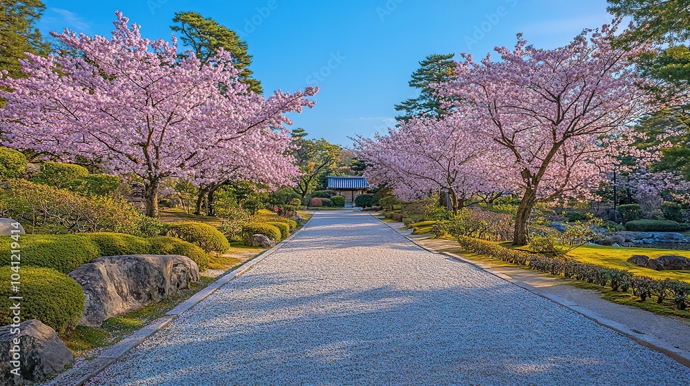 Fototapeta premium Serene Cherry Blossom Pathway in Japanese Garden