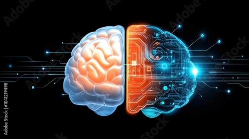 A creative representation of the human brain, split into organic and digital halves, symbolizing the fusion of humanity and technology.