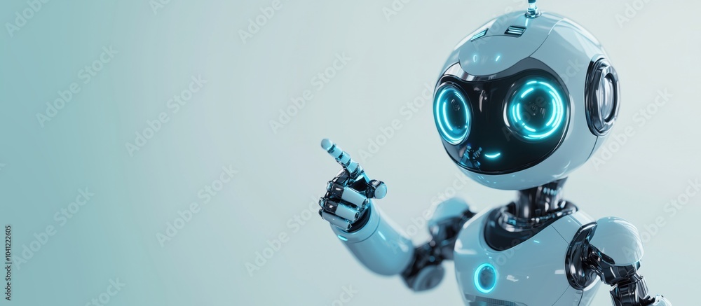 Robot with glowing eyes and pointing finger, futuristic design, sleek appearance Robot with glowing eyes and pointing finger, futuristic design, sleek appearance