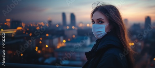 Woman wearing mask overlooking cityscape at dusk, urban background, soft lights photo