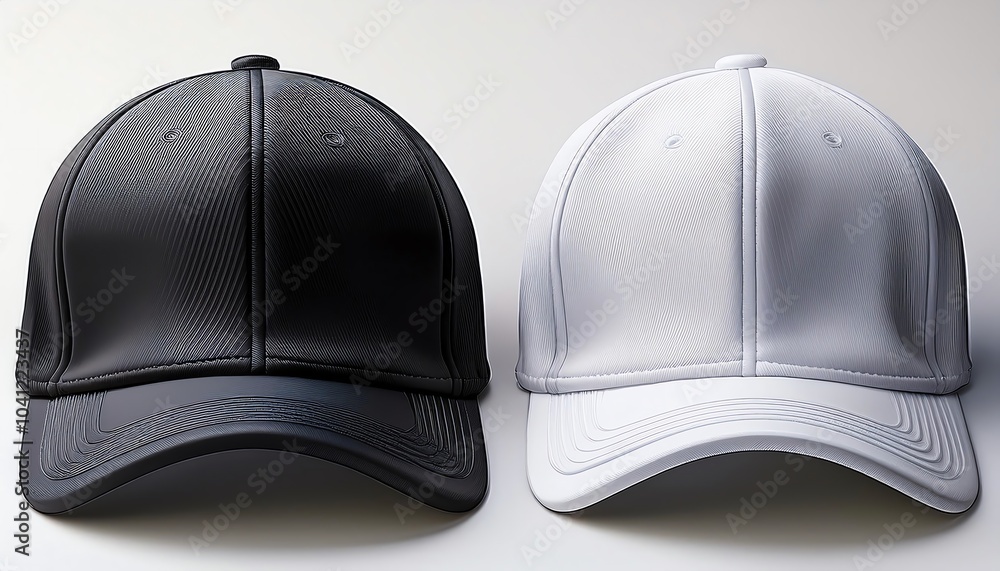 Two stylish caps in black and white with intricate designs, ideal for fashion enthusiasts and outdoor activities. Two stylish caps in black and white with intricate designs, ideal for fashion enthusiasts and outdoor activities.