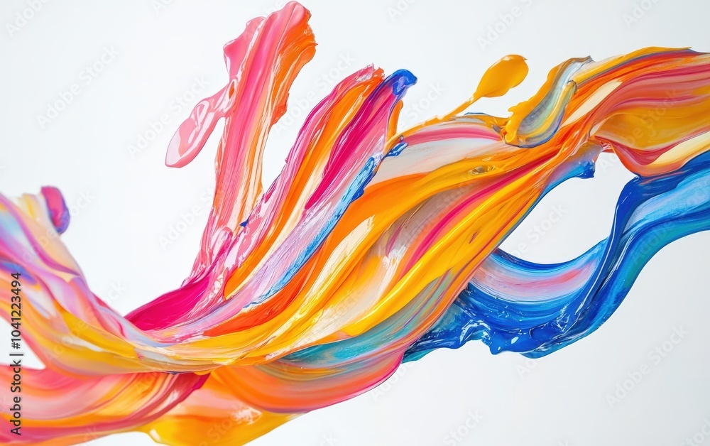 Multiple layers of colored paint being flung across the frame, with long tendrils of paint stretching and curving as they move through the air in graceful, fluid shapes. Multiple layers of colored paint being flung across the frame, with long tendrils of paint stretching and curving as they move through the air in graceful, fluid shapes.