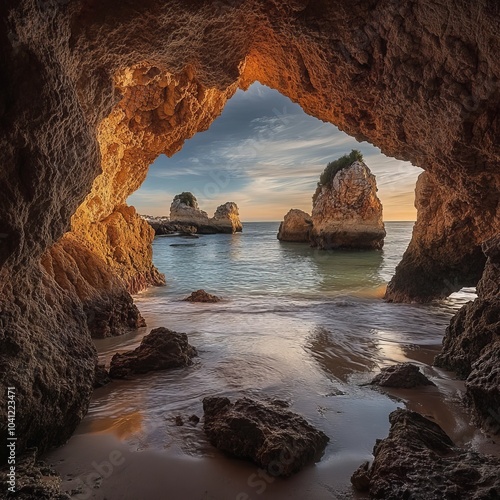 Beach view of ocean framed by rocky arch in Portugal photo