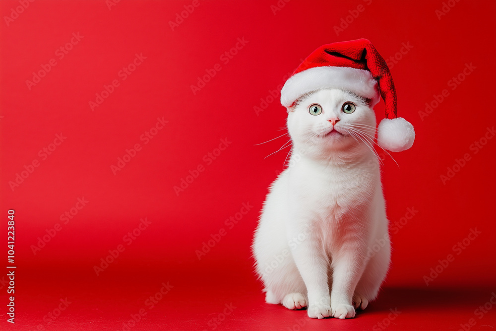 white cat wearing a Santa hat is looking up at the camera. The image has a festive and playful mood, as the cat is dressed up in a holiday outfit white cat wearing a Santa hat is looking up at the camera. The image has a festive and playful mood, as the cat is dressed up in a holiday outfit
