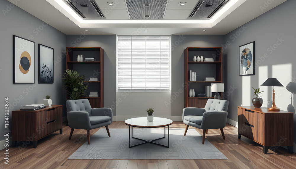 Horizontal no people shot of modern psychologist office interior in gray and brown colors with two chairs and coffee table isolated with white highlights, png Horizontal no people shot of modern psychologist office interior in gray and brown colors with two chairs and coffee table isolated with white highlights, png