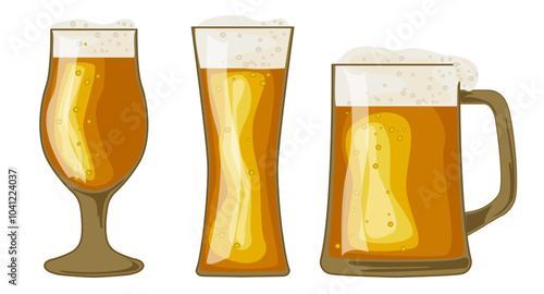 Set of various beer glasses filled to the brim with a golden amber brew. Beer mugs with foam. ector designs for use in banner,poster,card,invitation. Oktoberfest
