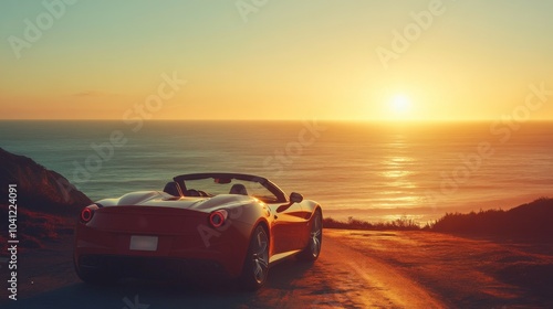 Red Convertible Sports Car Parked on a Coastal Road at Sunset