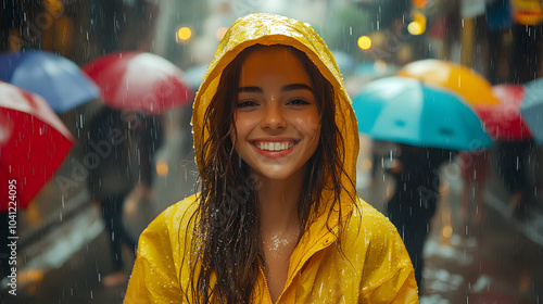 Amidst a shower of raindrops, a young woman dressed in a bright yellow raincoat twirls with joy, surrounded by colorful umbrellas that add vibrancy to the rainy day photo