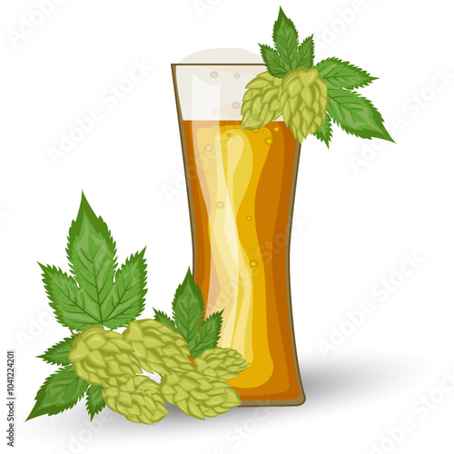 Beer glass filled to the brim with a golden amber brew. Sprig of hops. Beer mug with foam. Vector designs for use in banner,poster,card,invitation. Oktoberfest