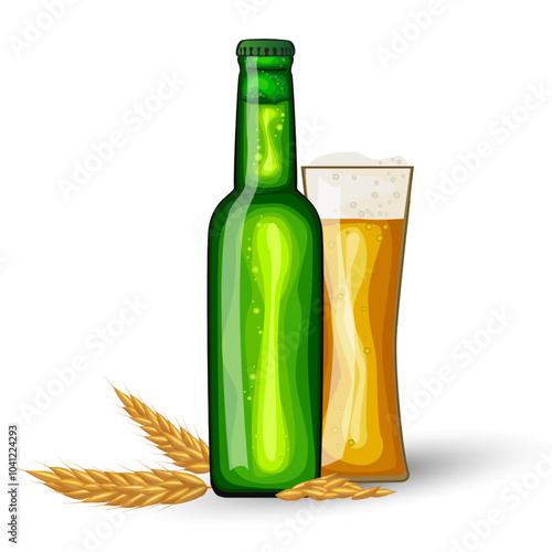 Green beer bottle and glass filled to the brim, ears of barley. Beer mug with foam. Vector designs for use in banner,poster,card,invitation. Oktoberfest