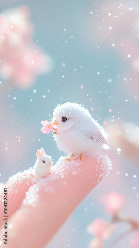 A small white owl sits on a finger, looking up at a pink flower. The Owl is covered in a light dusting of snow, creating a delicate and whimsical scene. A small white owl sits on a finger, looking up at a pink flower. The Owl is covered in a light dusting of snow, creating a delicate and whimsical scene.