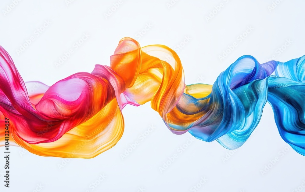 Fototapeta premium Smooth, vibrant ribbons of colored liquid paint flowing gracefully through the air, forming intricate, fluid patterns against a pristine white background.