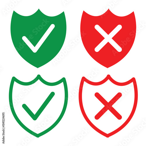 Shield icon with tick and cross mark. green red protected and unprotected symbol for app, ui, website. vector illustration on transparent background in eps 10. photo