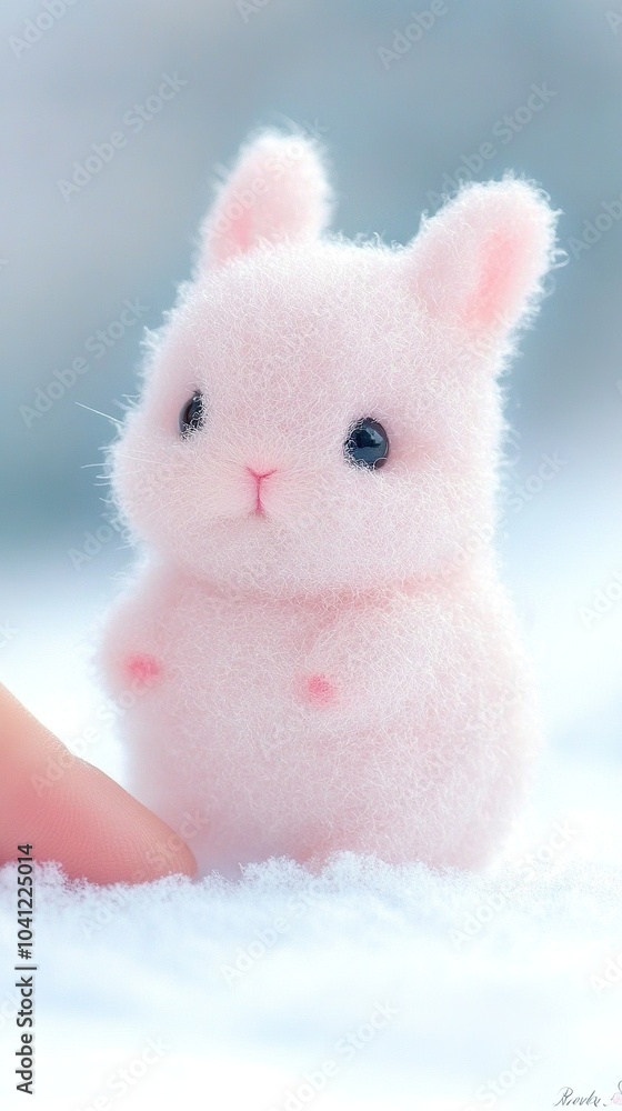 A small white rabbit sits on a finger, looking up at a pink flower. The rabbit is covered in a light dusting of snow, creating a delicate and whimsical scene. A small white rabbit sits on a finger, looking up at a pink flower. The rabbit is covered in a light dusting of snow, creating a delicate and whimsical scene.