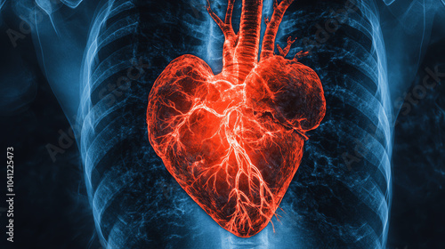3D rendering of a glowing human heart inside a transparent ribcage, illustrating blood vessels and anatomical details with striking colors.