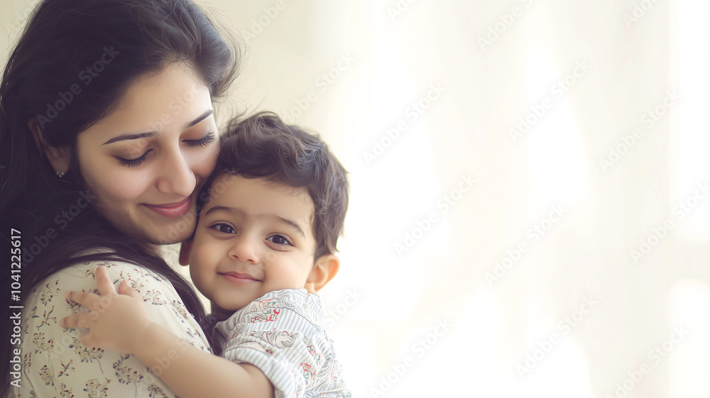 Indian joyful young mother and her son cuddling together Indian joyful young mother and her son cuddling together