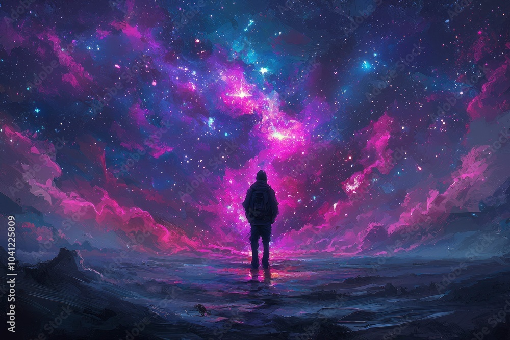 Obraz premium A Solitary Figure Gazing at a Vibrant Starry Sky