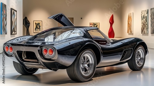 Black Sports Car with Open Door in Gallery Setting