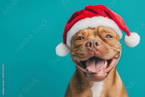 brown and white dog wearing a Santa hat is smiling and looking at the camera. The dog's expression is joyful and playful, and the hat adds a festive touch to the scene