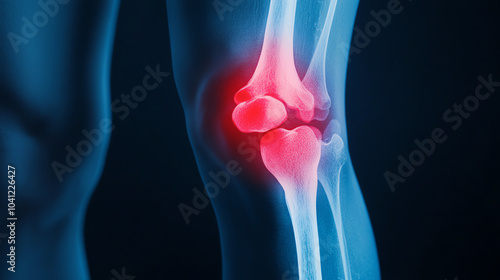 Anatomical illustration of a human knee joint, highlighting areas of pain and inflammation in a glowing effect against a dark background.