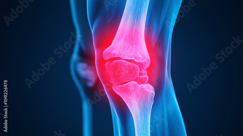 Anatomical illustration of a human knee joint with highlighted areas indicating pain or inflammation in an isolated and stylized format.