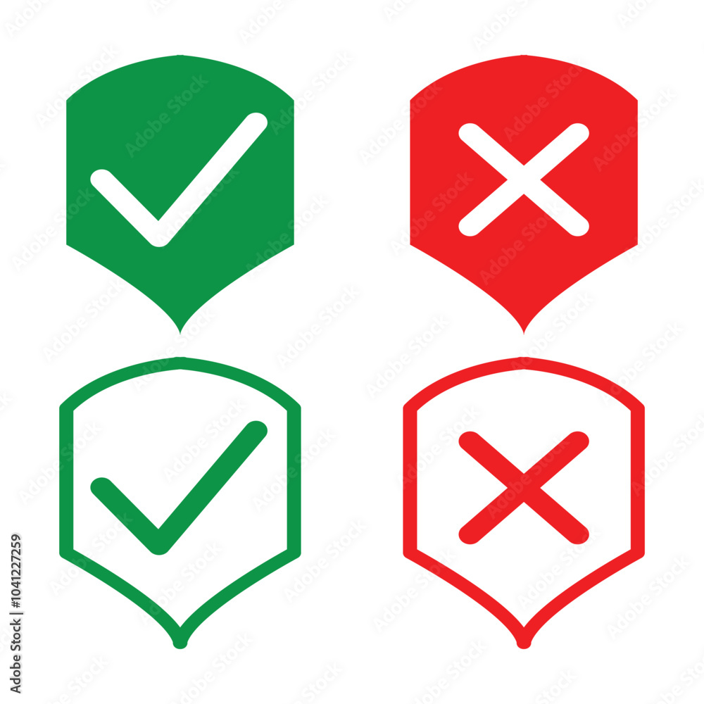 Shield icon with tick and cross mark. green red protected and unprotected symbol for app, ui, website. vector illustration on transparent background in eps 10. Shield icon with tick and cross mark. green red protected and unprotected symbol for app, ui, website. vector illustration on transparent background in eps 10.