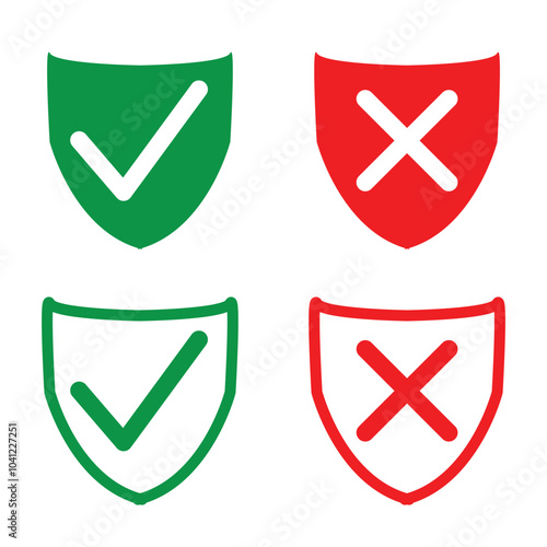 Shield icon with tick and cross mark. green red protected and unprotected symbol for app, ui, website. vector illustration on transparent background in eps 10. photo