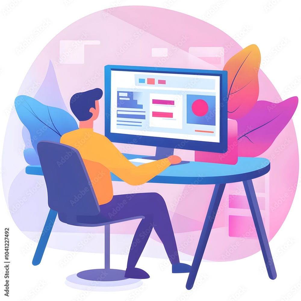 Man Working on Computer with Website Design on Screen Man Working on Computer with Website Design on Screen