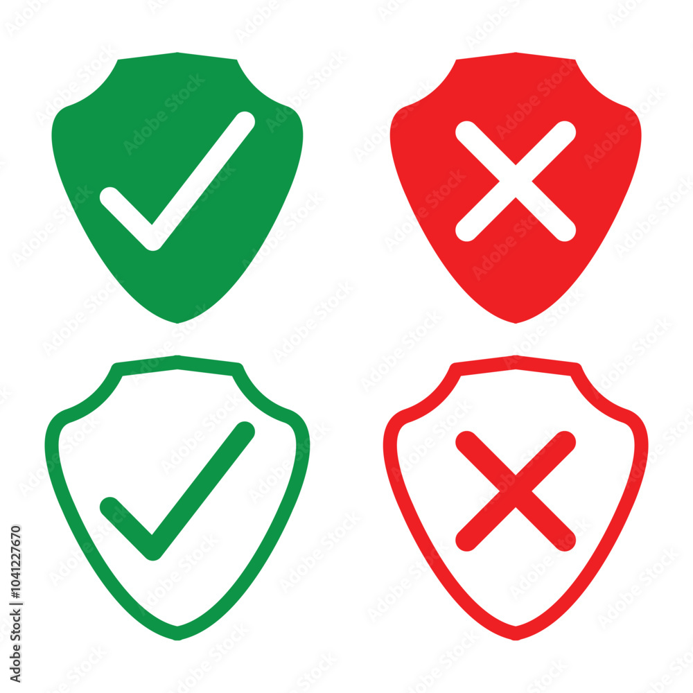 Obraz premium Shield with check mark and cross mark icon set. Protection and unprotection, green shield checkmark & red shield cross in eps 10.