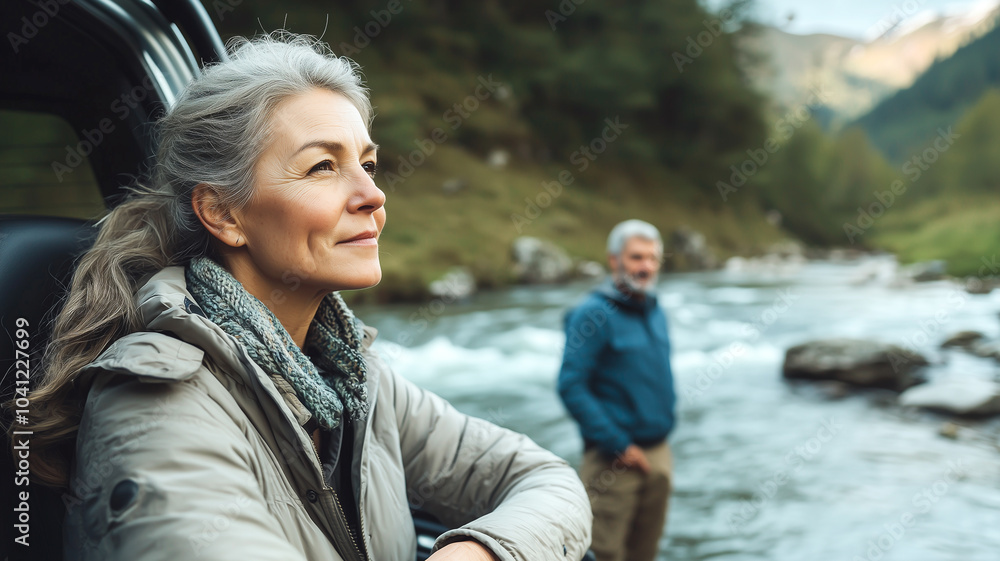 Mature Woman Enjoying the Riverside View from Her Car with Husband Nearby..
