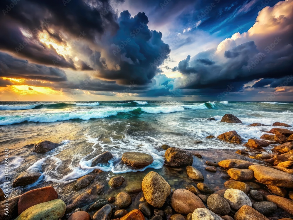 Obraz premium Dark Coastal Stones: A Dramatic Seascape on Gloomy Days