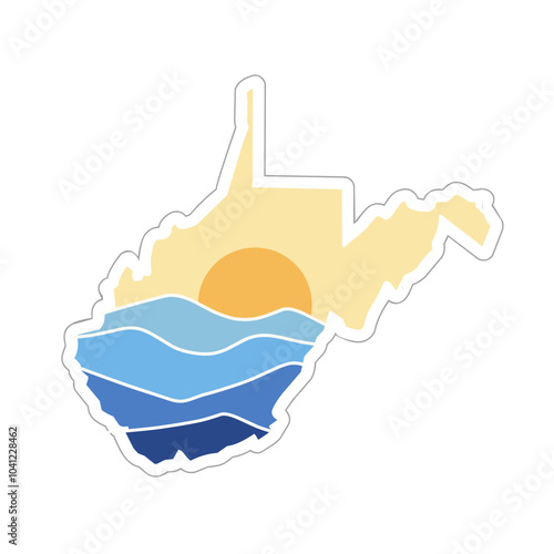 Sticker of West Virginia Map with Sunset and Waves