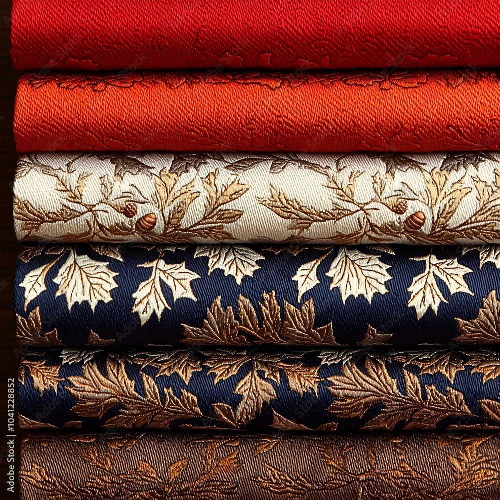 Elegant fabric swatches with floral patterns and rich colors Elegant fabric swatches with floral patterns and rich colors