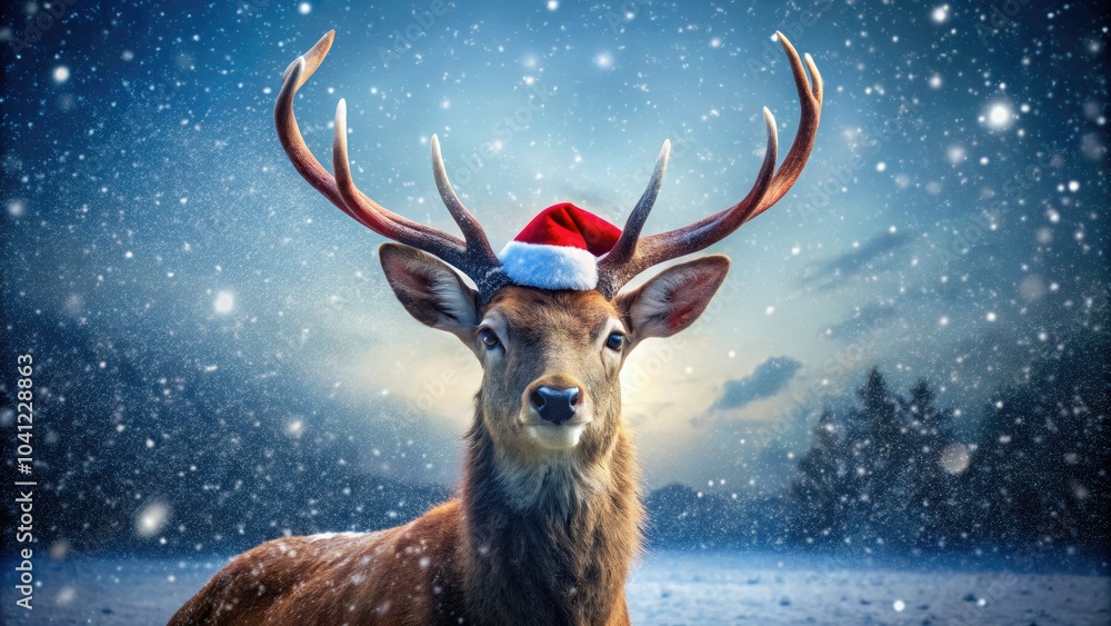 Deer in Red Hat Standing in Snowy Landscape for Holiday Themes Deer in Red Hat Standing in Snowy Landscape for Holiday Themes