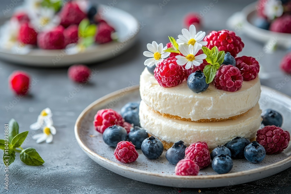 Two-Layer Cheesecake Topped with Raspberries, Blueberries, and Daisies Two-Layer Cheesecake Topped with Raspberries, Blueberries, and Daisies