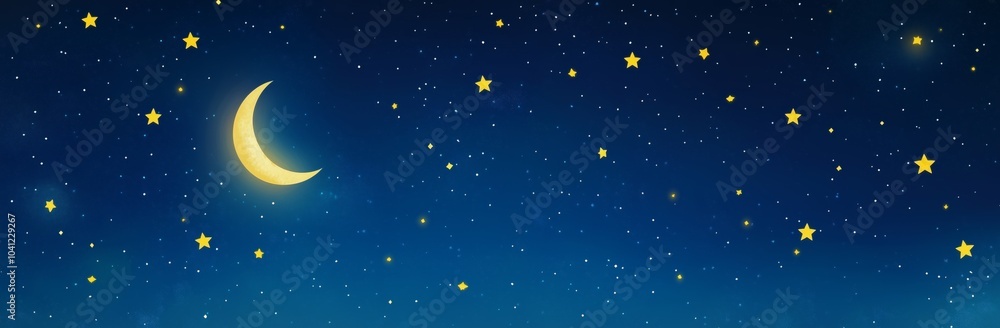 Obraz premium A large yellow moon is in the sky with many stars surrounding it. The stars are scattered all over the sky