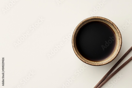 A bowl of soy sauce with chopsticks on a white background photo