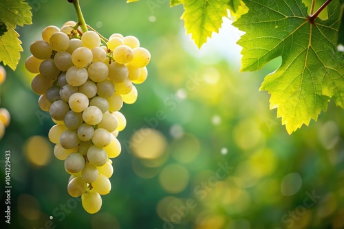 Delicate white grapes glisten on their vine, showcasing the beauty of organic fruit. Nature's bounty captured in a stunning close-up, inviting sweetness and freshness.